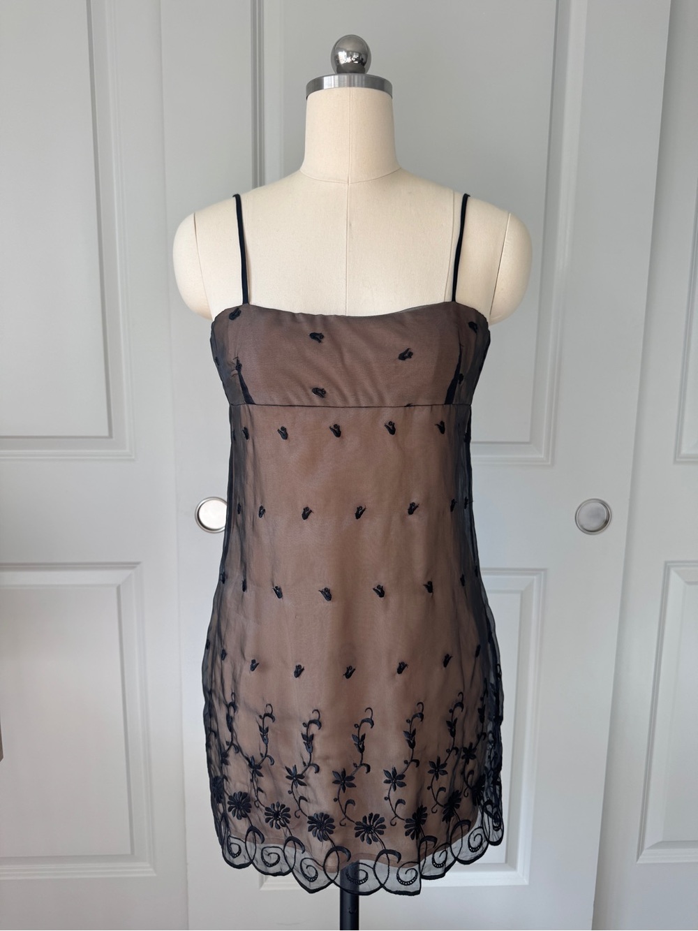 bebe Black Sheer Embroidered Mini Slip Dress